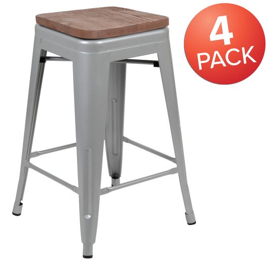 Flash Furniture 4-ET-31320W-24-SV-R-GG 4 Pack 24" High Metal Indoor Counter Bar Stool - Stackable Stool, Silver - View 2