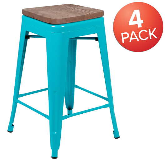 Flash Furniture 4-ET-31320W-24-TL-R-GG 4 Pack 24" High Metal Indoor Counter Bar Stool - Stackable Stool, Teal - View 2