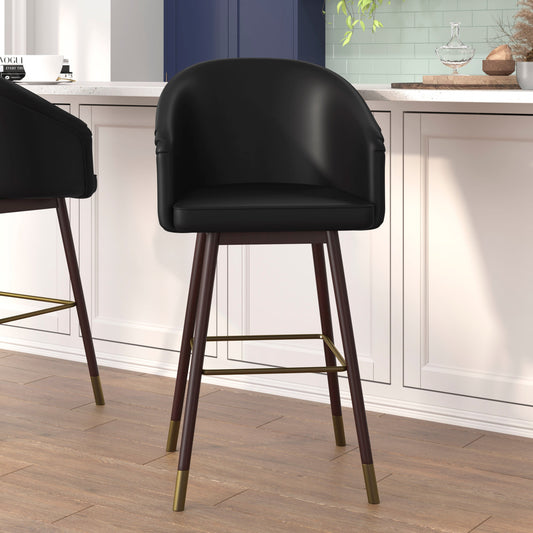 Flash Furniture AY-1928-30-BK-GG Commercial 30" Mid-Back Barstool with Wooden Legs - Black LeatherSoft/Walnut - View 2