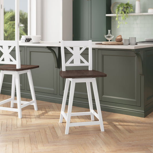 Flash Furniture ES-G1-24-WH-GG Commercial 360° Swivel Wood Counter Height Stool in Antique White Wash/Gray Seat - View 2