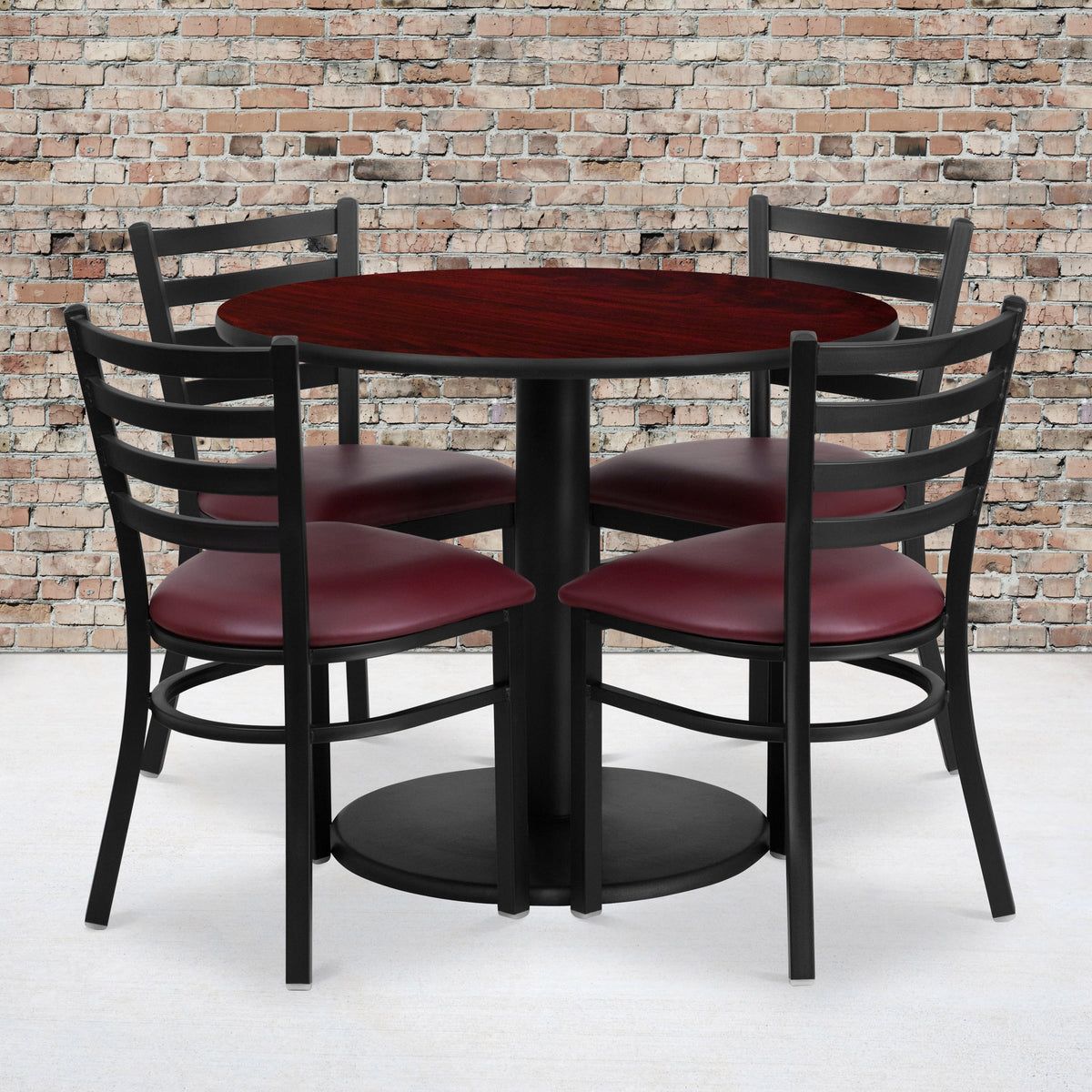 Flash Furniture RSRB1006-GG 36" RD Mahogany Laminate Table with Round Base & 4 Metal Chairs-Burg Vinyl Seat (Mahogany Top/Burgundy Vinyl Seat) - View 2