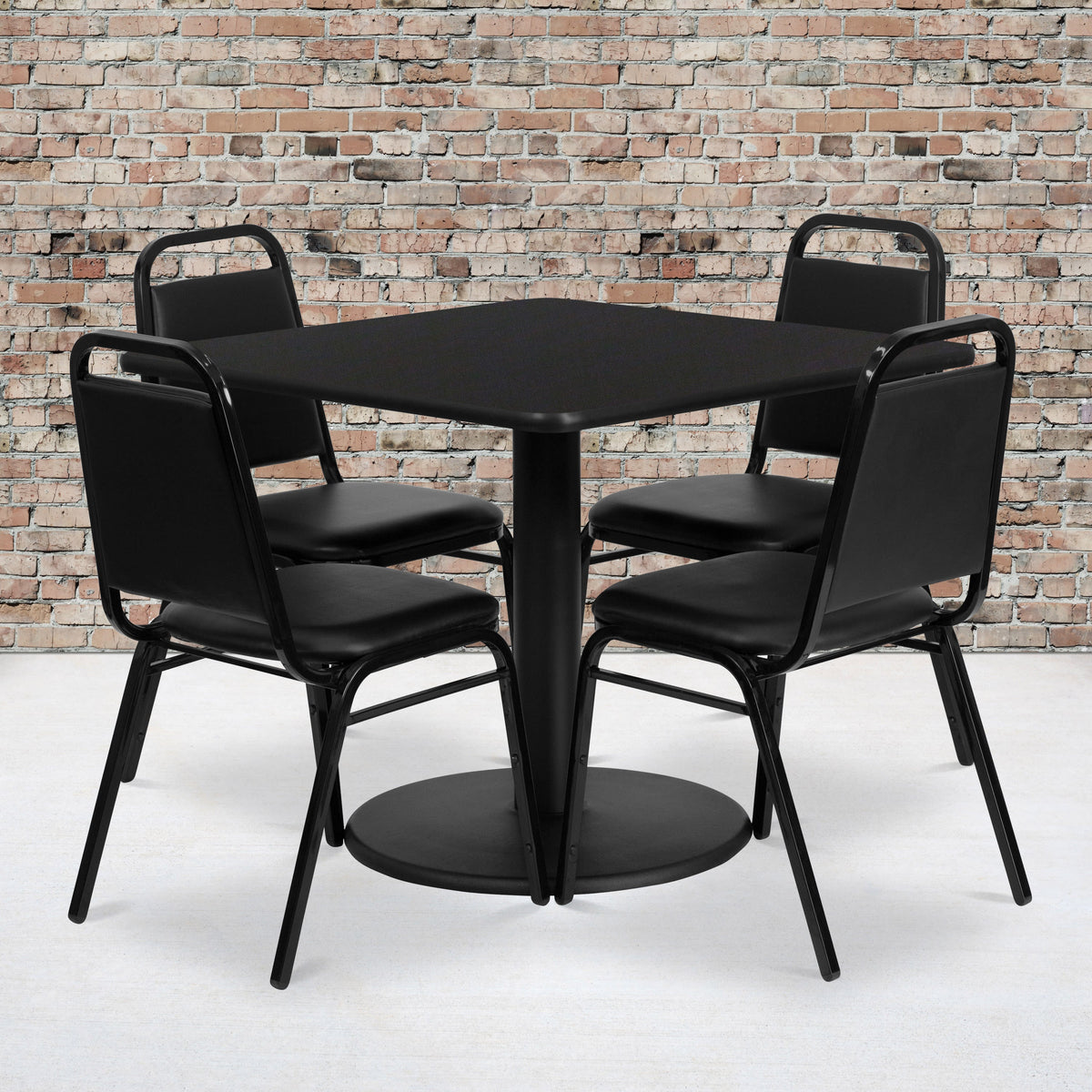 Flash Furniture RSRB1009-GG 36" Square Black Laminate Table with Round Base and 4 Black Banquet Chairs (Black Top/Black Vinyl Seat) - View 2