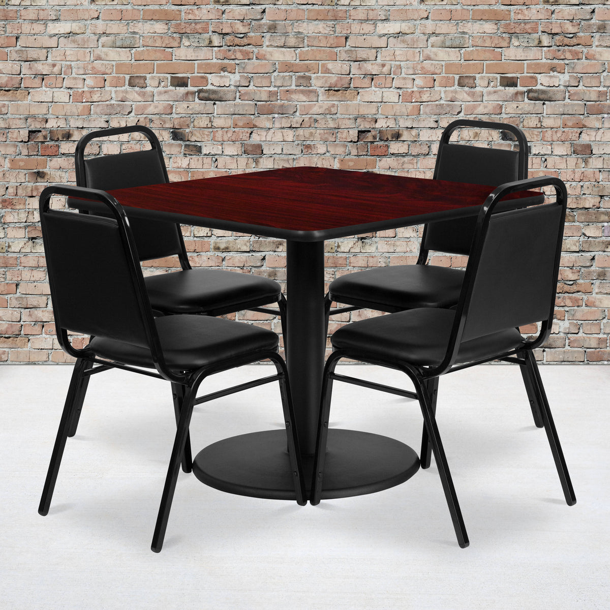Flash Furniture RSRB1010-GG 36" Square Mahogany Laminate Table with Round Base and 4 Black Banquet Chairs (Mahogany Top/Black Vinyl Seat) - View 2