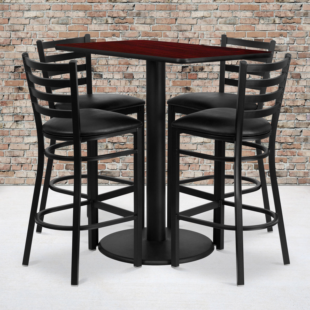 Flash Furniture RSRB1018-GG 24" x 42" Rectangular Mahogany Laminate Table w/ 4 Ladder Back Metal Barstools (Mahogany Top/Black Vinyl Seat) - View 2