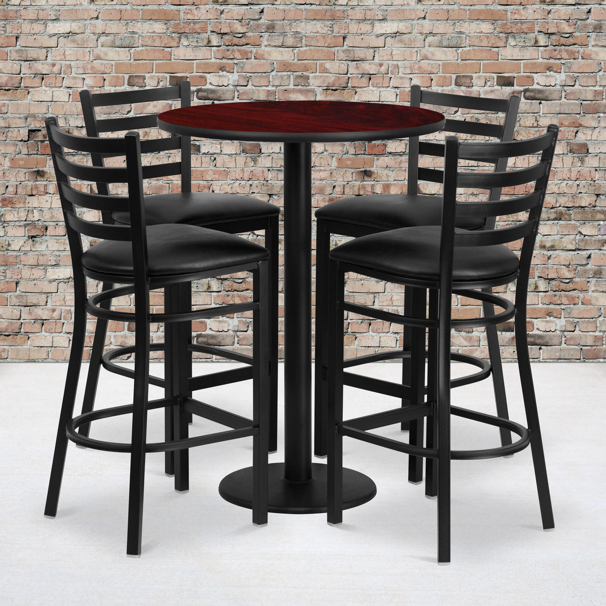 Flash Furniture RSRB1022-GG 30" Round Mahogany Laminate Table w/ Round Base & 4 Ladder Back Metal Barstools (Mahogany Top/Black Vinyl Seat) - View 2