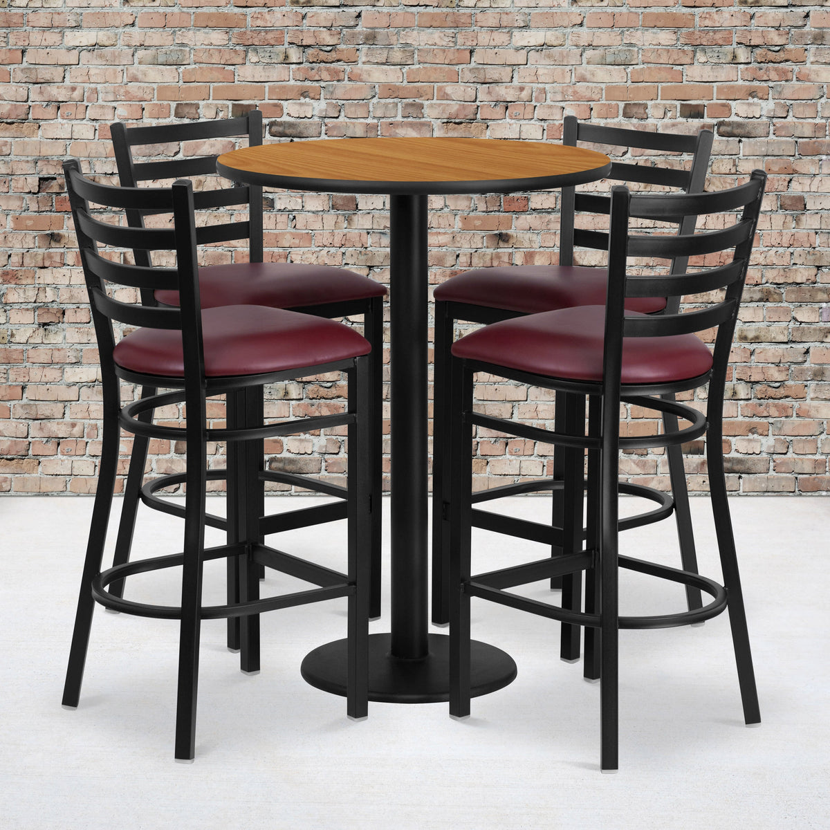 Flash Furniture RSRB1027-GG 30" Round Natural Laminate Table w/ Round Base & 4 Ladder Back Metal Barstools (Natural Top/Burgundy Vinyl Seat) - View 2