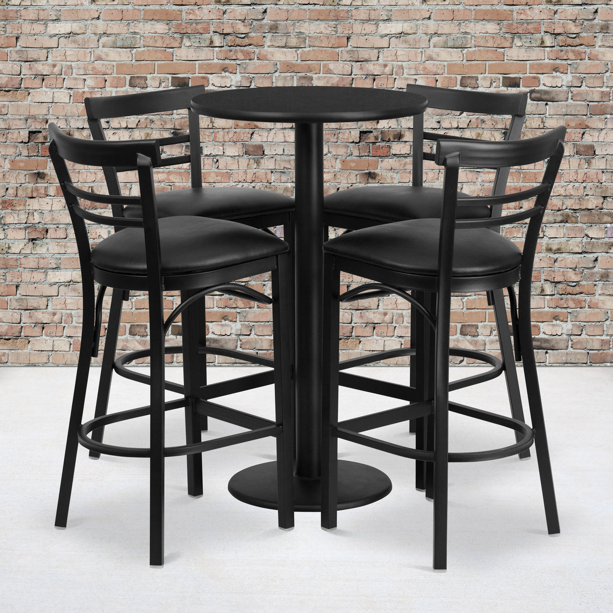 Flash Furniture RSRB1033-GG 24" Round Black Laminate Table with Round Base & 4 Ladder Back Metal Barstools (Black Top/Black Vinyl Seat) - View 2