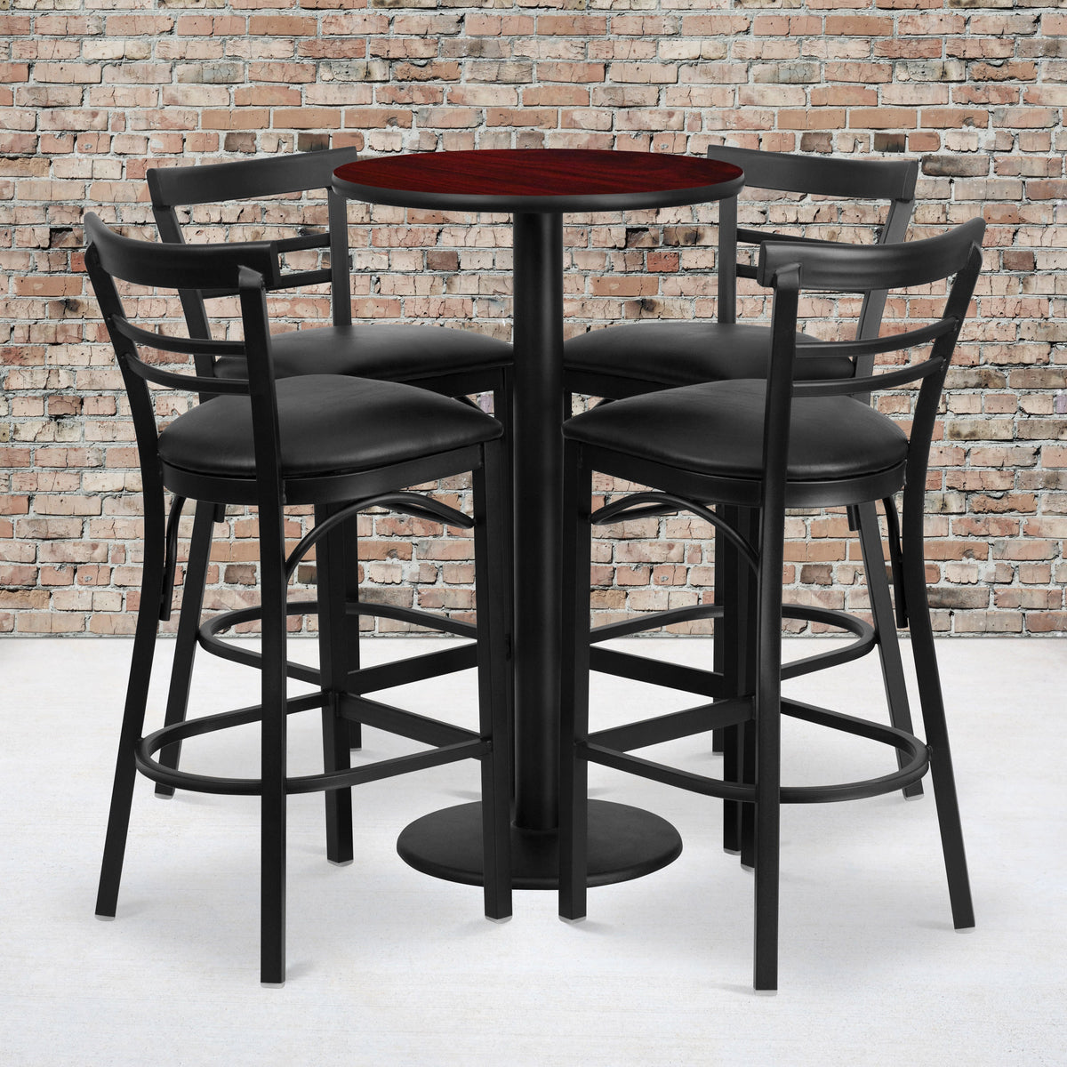 Flash Furniture RSRB1034-GG 24" Round Mahogany Laminate Table w/ Round Base & 4 Ladder Back Metal Barstools (Mahogany Top/Black Vinyl Seat) - View 2