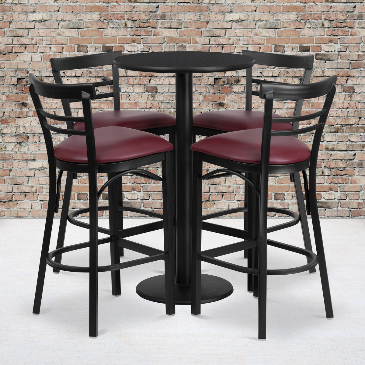 Flash Furniture RSRB1037-GG 24" Round Black Laminate Table with Round Base & 4 Ladder Back Metal Barstools (Black Top/Burgundy Vinyl Seat) - View 2
