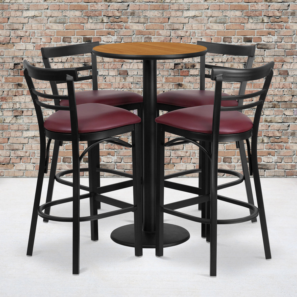 Flash Furniture RSRB1039-GG 24" Round Natural Laminate Table w/ Round Base & 4 Ladder Back Metal Barstools (Natural Top/Burgundy Vinyl Seat) - View 2