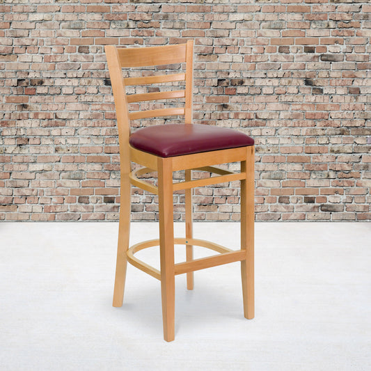 Flash Furniture XU-DGW0005BARLAD-NAT-BURV-GG Ladder Back Natural Wood Restaurant Barstool - Burgundy Vinyl Seat (Burgundy Vinyl Seat/Natural Wood Frame) - View 2