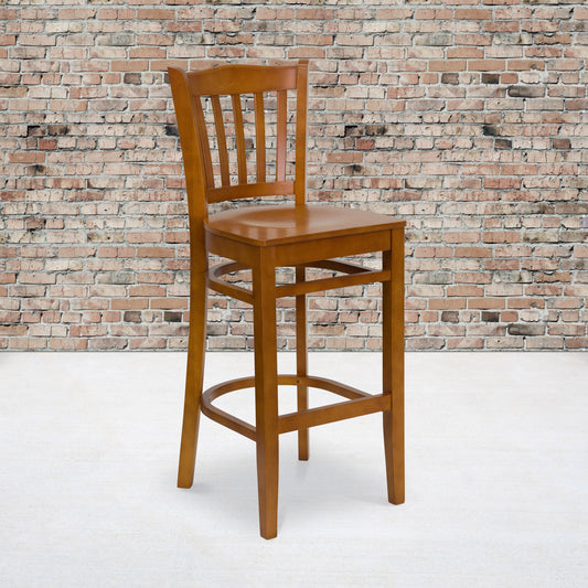 Flash Furniture XU-DGW0008BARVRT-CHY-GG Vertical Slat Back Cherry Wood Restaurant Barstool with Footrest (Cherry Wood Seat/Cherry Wood Frame) - View 2