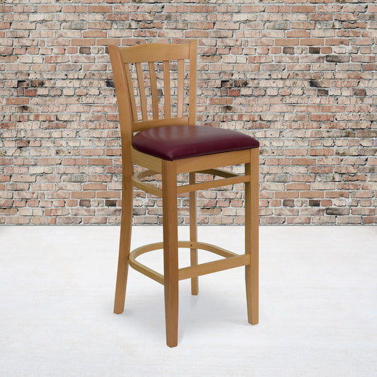 Flash Furniture XU-DGW0008BARVRT-NAT-BURV-GG Vertical Slat Back Natural Wood Restaurant Barstool - Burgundy Vinyl Seat (Burgundy Vinyl Seat/Natural Wood Frame) - View 2