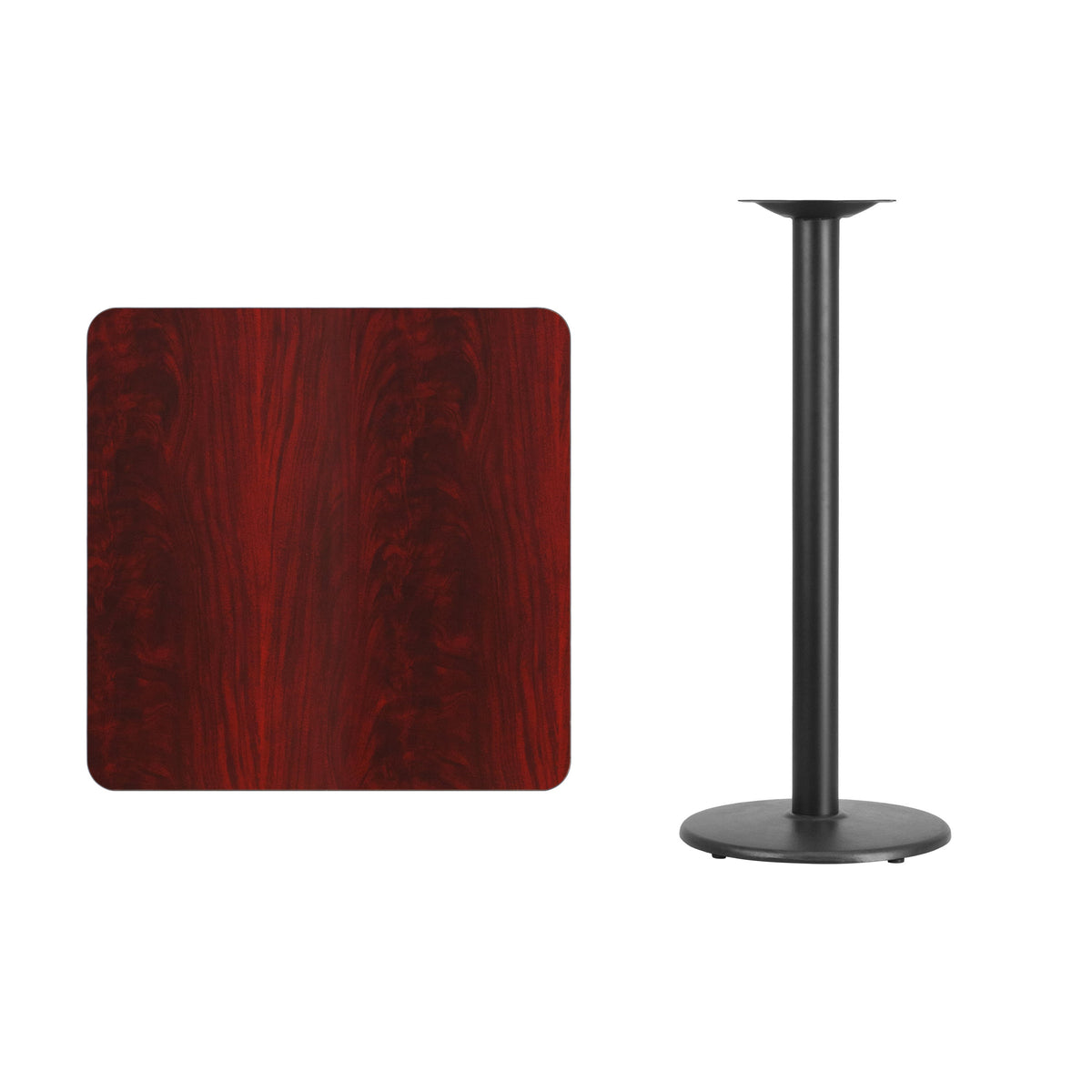 Flash Furniture XU-MAHTB-3030-TR18B-GG 30" Square Mahogany Laminate Table Top with 18" Round Bar Height Table Base - View 2