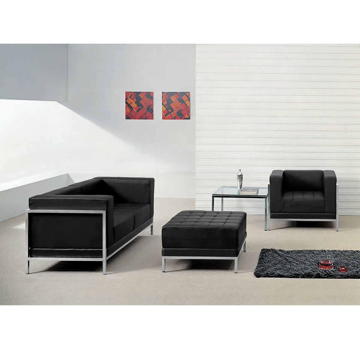 Flash Furniture ZB-IMAG-SET11-GG Black LeatherSoft Modular Loveseat, Chair & Ottoman Set with Ganging Clips w/Taut Back &Seat - View 2