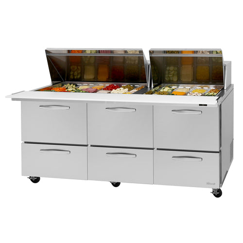 Turbo Air PST-72-30-D6-N 72 5/8" 6 Drawer 30 Pan Mega Top Sandwich / Salad Prep Table