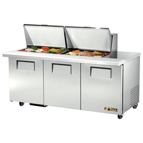 True TSSU-72-24M-B-ST-HC 72 3/8" 3 Doors 24 Pan Mega Top Sandwich / Salad Prep Table