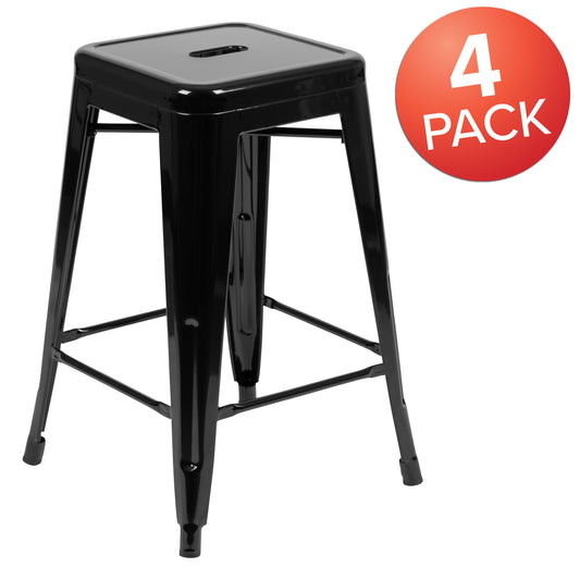 Flash Furniture 4-ET-31320-24-BK-R-GG 4 Pack 24" High Metal Indoor Counter Bar Stool - Stackable Stool, Black - View 2