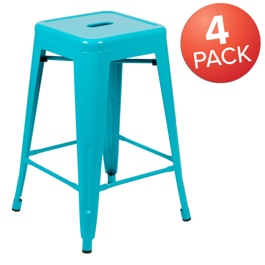 Flash Furniture 4-ET-31320-24-TL-R-GG 4 Pack 24" High Metal Indoor Counter Bar Stool - Stackable Stool, Teal - View 2