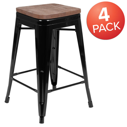 Flash Furniture 4-ET-31320W-24-BK-R-GG 4 Pack 24" High Metal Indoor Counter Bar Stool - Stackable Stool, Black - View 2