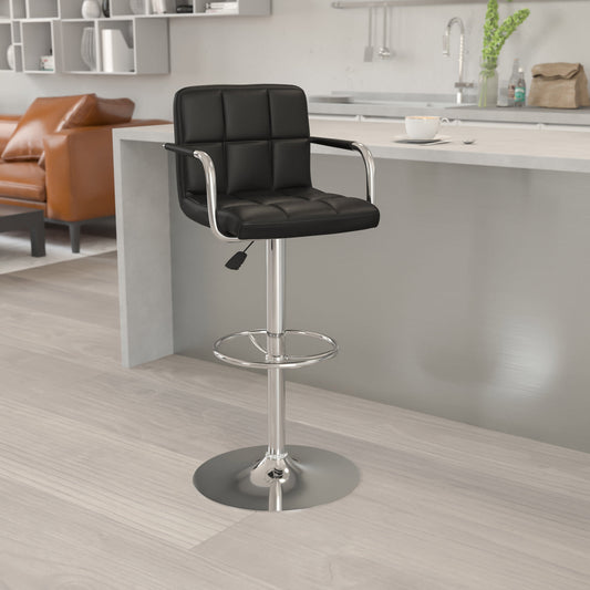 Flash Furniture CH-102029-BK-GG Black Quilted Vinyl Adjustable Height Barstool with Arms and Chrome Base - View 2
