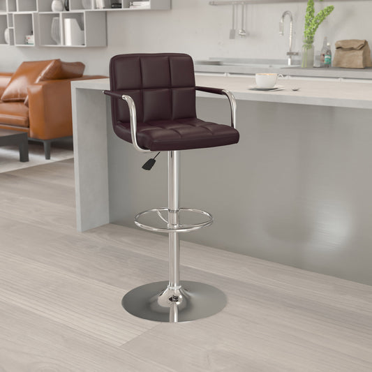 Flash Furniture CH-102029-BRN-GG Brown Quilted Vinyl Adjustable Height Barstool with Arms and Chrome Base - View 2