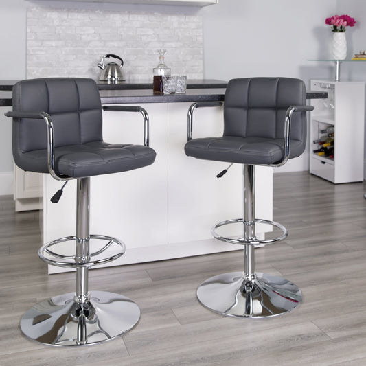 Flash Furniture CH-102029-GY-GG Gray Quilted Vinyl Adjustable Height Barstool with Arms and Chrome Base - View 2