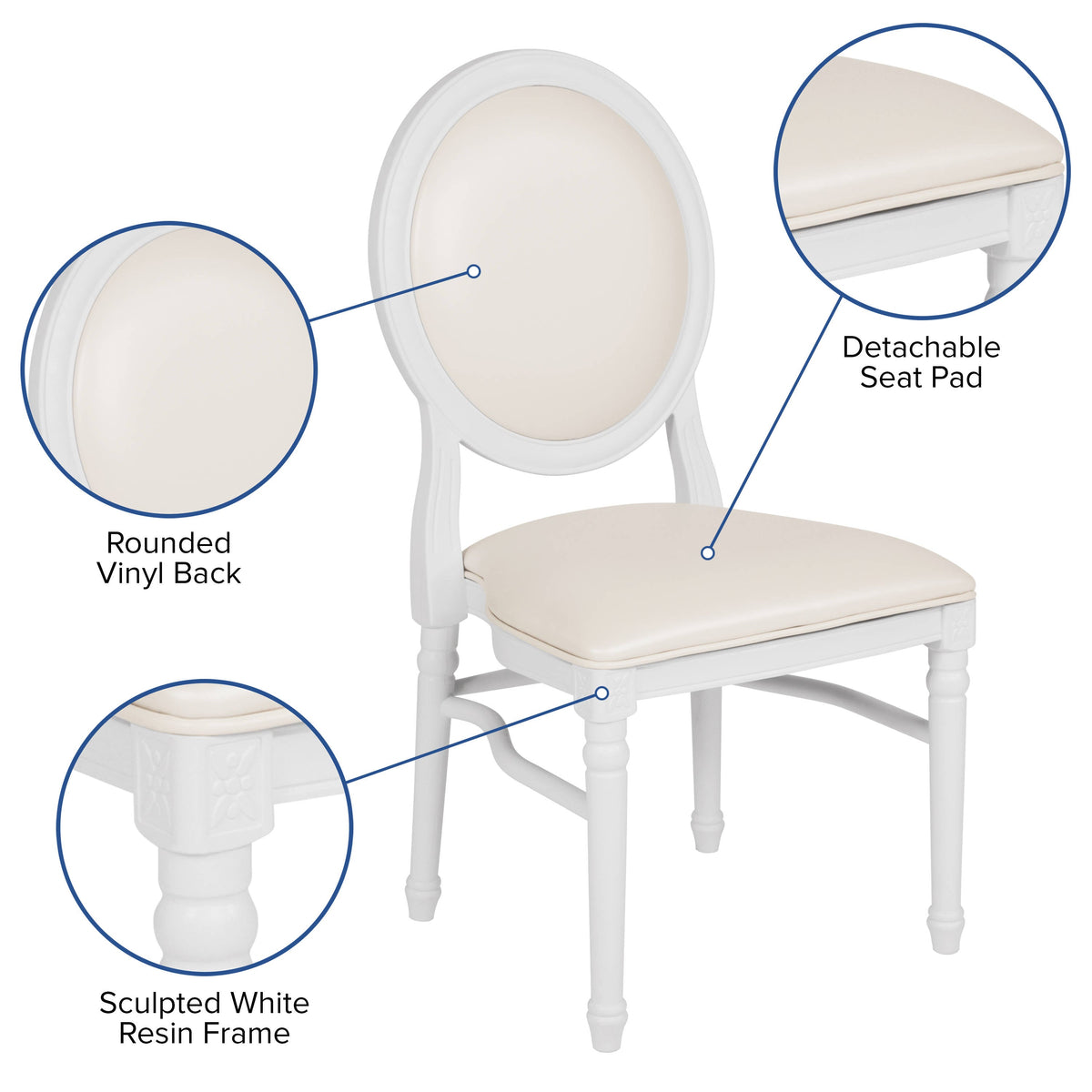 Flash Furniture LE-W-W-MON-GG 900 lb. Capacity King Louis Chair with White Vinyl Back and Seat and White Frame - View 3