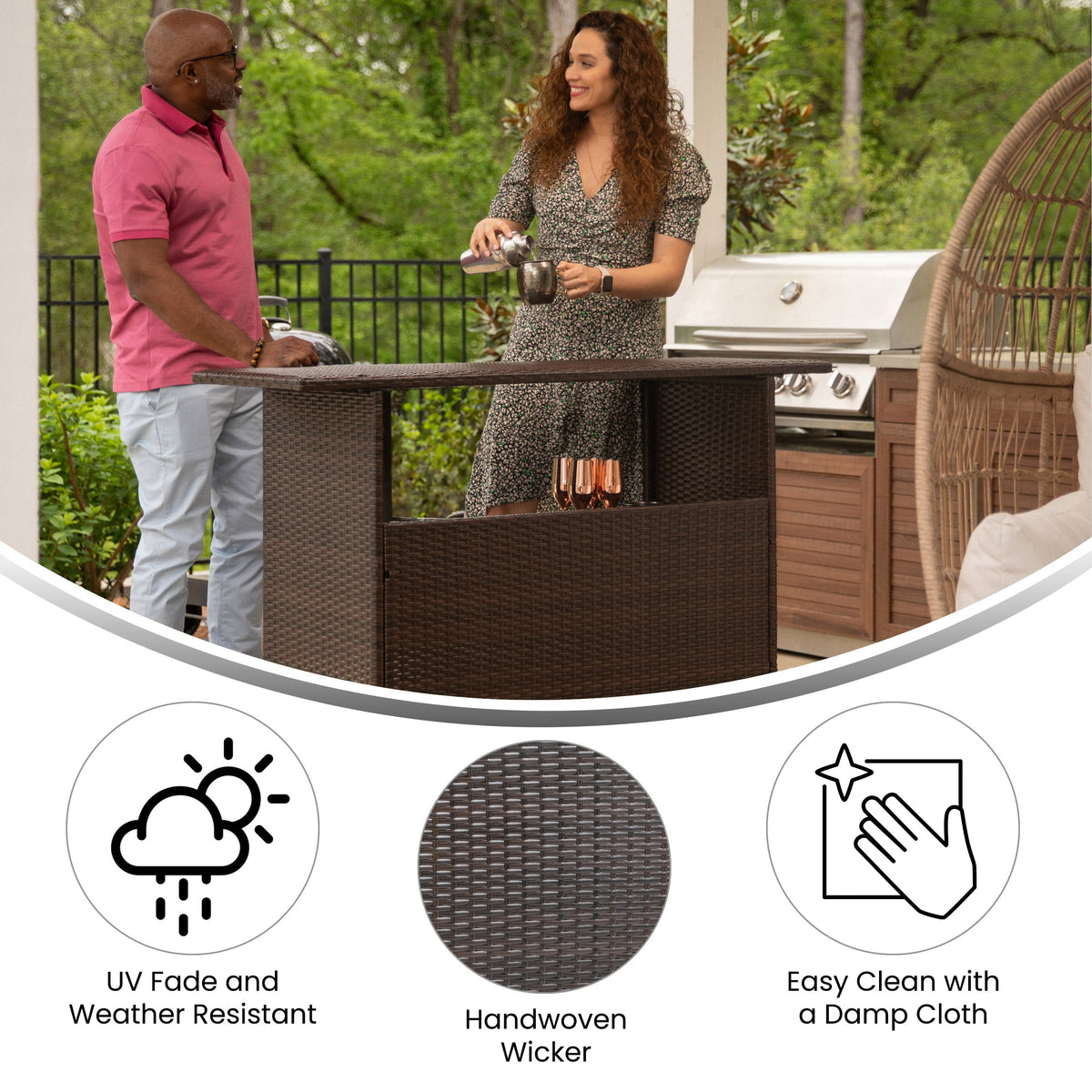 Flash Furniture LTS-0165-BR-GG Indoor/Outdoor Wicker Rattan Patio Bar Counter Table with Two Shelves in Brown - View 2