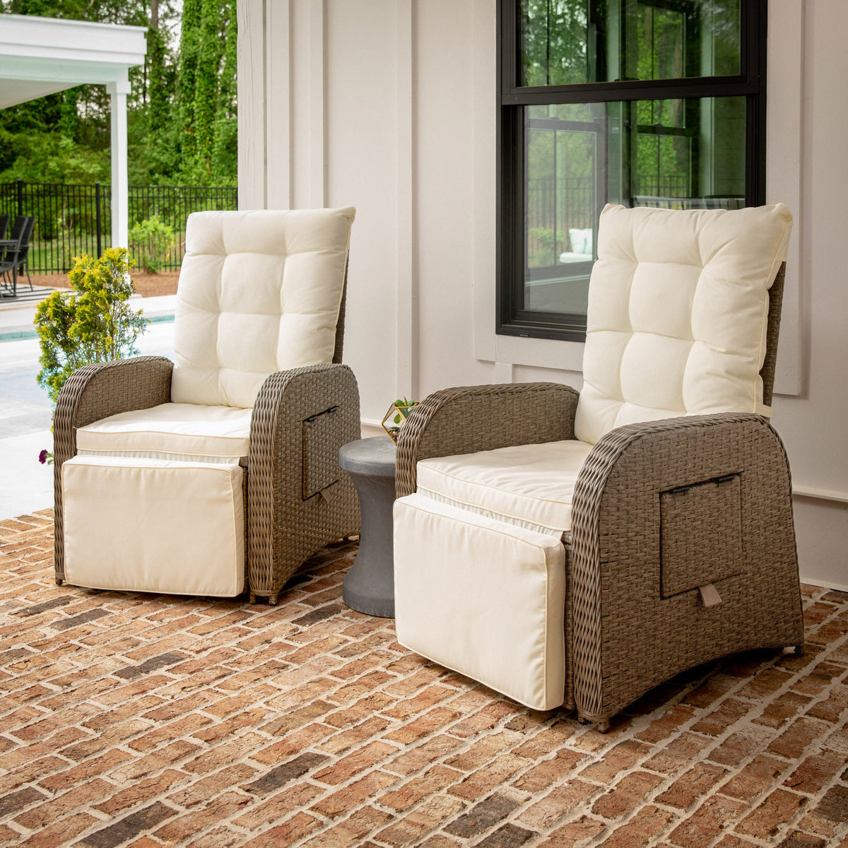 Flash Furniture LTS-0422-BG-BR-GG Indoor/Outdoor Wicker Rattan Recliner with Flip-Up Side Table in Beige & Brown (Beige Cushions/Brown Frame) - View 2