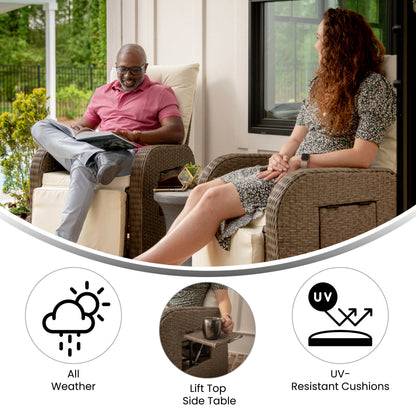 Flash Furniture LTS-0422-BG-BR-GG Indoor/Outdoor Wicker Rattan Recliner with Flip-Up Side Table in Beige & Brown (Beige Cushions/Brown Frame) - View 4