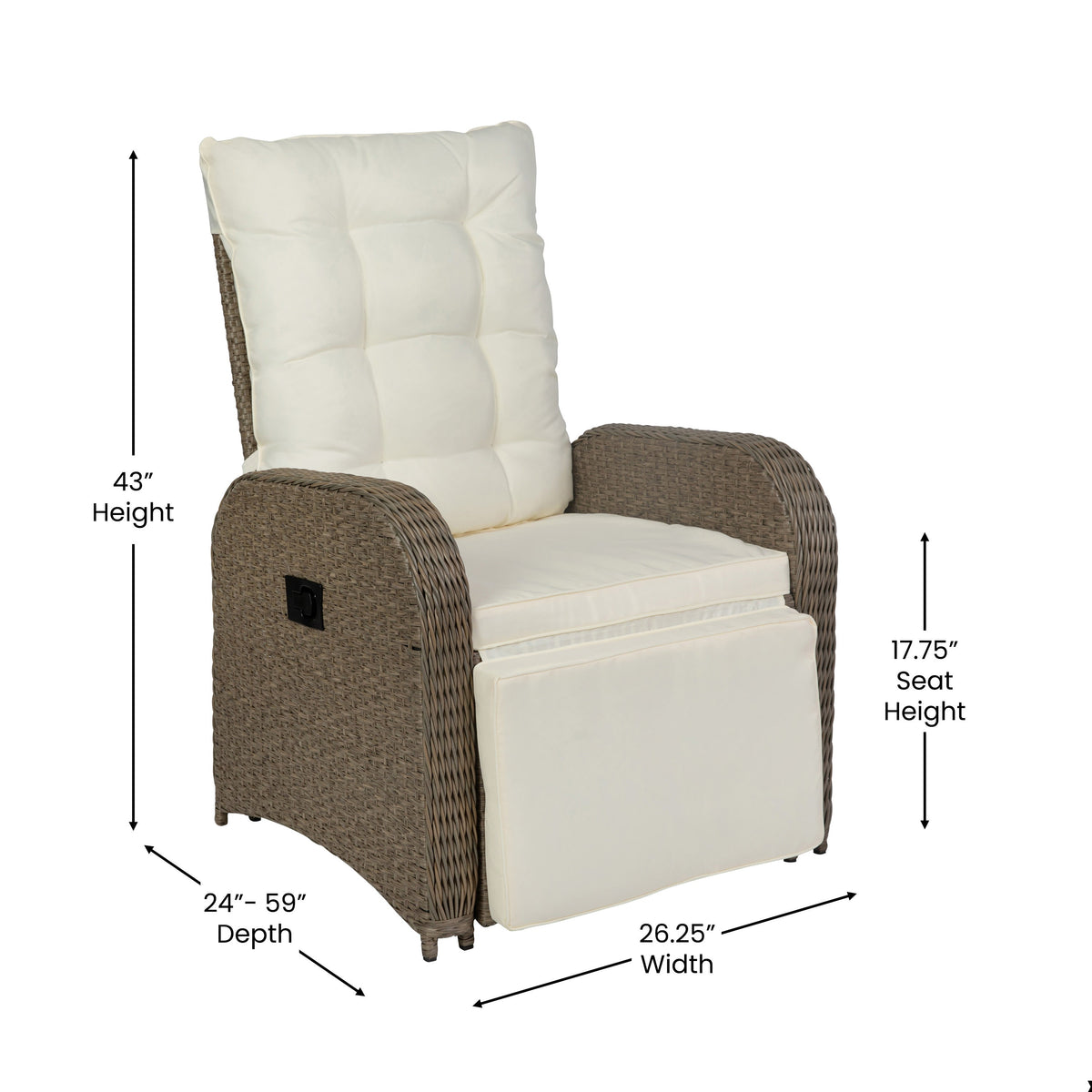 Flash Furniture LTS-0422-BG-BR-GG Indoor/Outdoor Wicker Rattan Recliner with Flip-Up Side Table in Beige & Brown (Beige Cushions/Brown Frame) - View 5