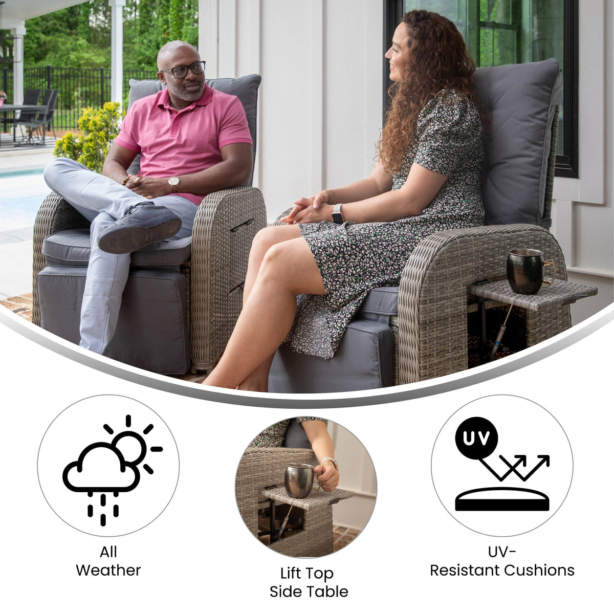 Flash Furniture LTS-0422-GY-GY-GG Indoor/Outdoor Wicker Rattan Recliner with Flip-Up Side Table in Gray (Gray Cushions/Gray Frame) - View 4