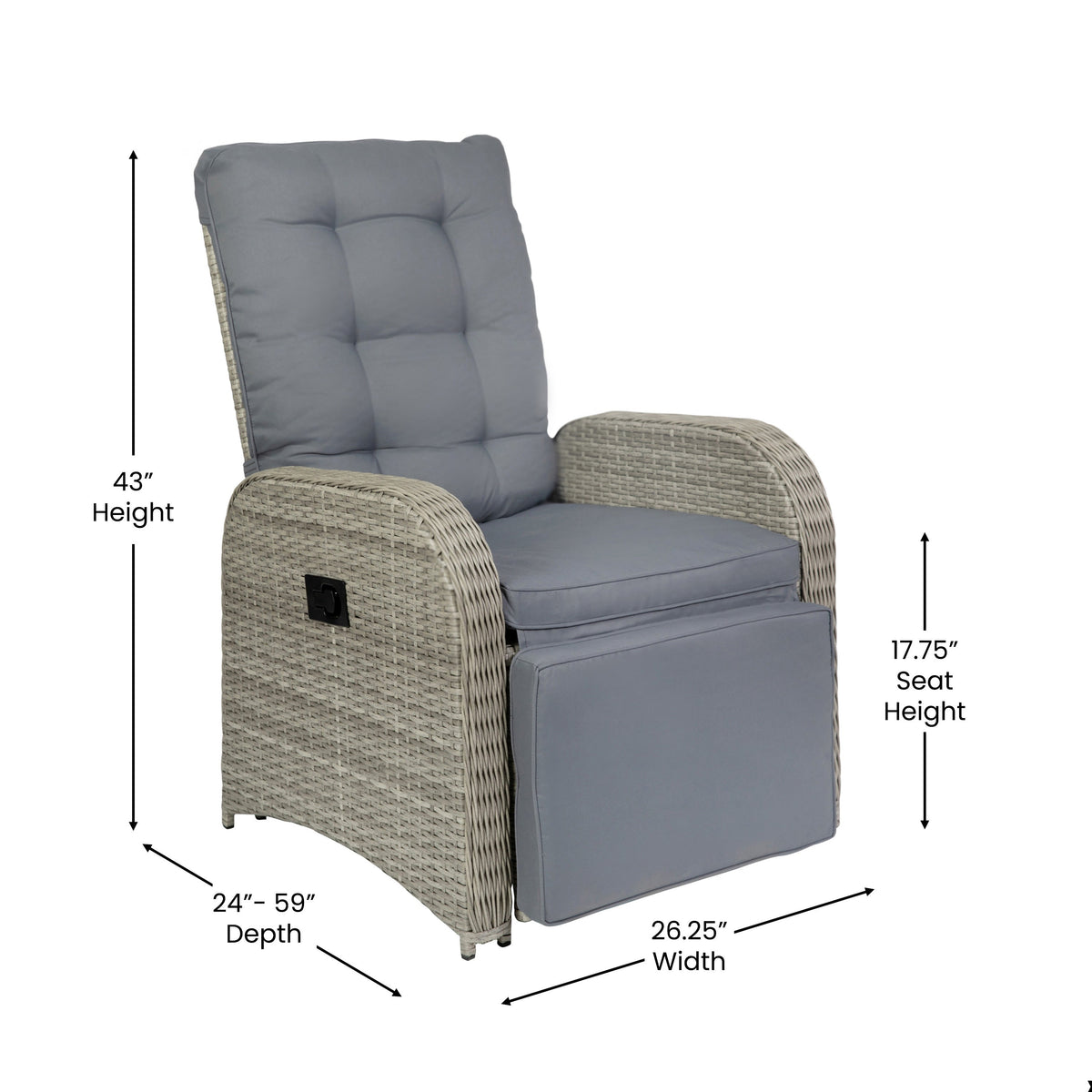 Flash Furniture LTS-0422-GY-GY-GG Indoor/Outdoor Wicker Rattan Recliner with Flip-Up Side Table in Gray (Gray Cushions/Gray Frame) - View 5