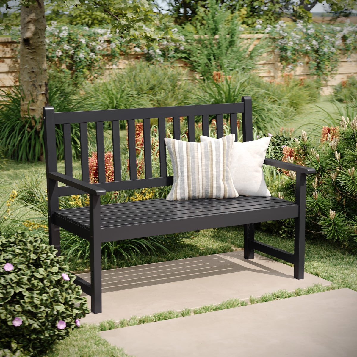 Flash Furniture LTS-0525-BK-GG Commercial Indoor/Outdoor 2-Person Patio Acacia Wood Bench Loveseat in Black - View 2