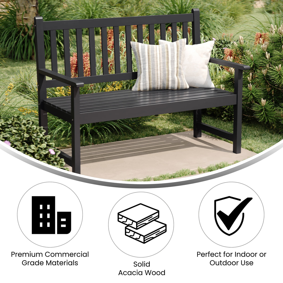 Flash Furniture LTS-0525-BK-GG Commercial Indoor/Outdoor 2-Person Patio Acacia Wood Bench Loveseat in Black - View 3
