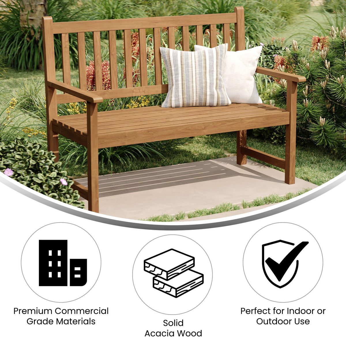Flash Furniture LTS-0525-BR-GG Commercial Indoor/Outdoor 2-Person Patio Acacia Wood Bench Loveseat in Brown - View 3