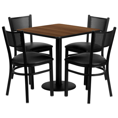 Flash Furniture MD-0005-GG 30" Square Walnut Laminate Table Set with 4 Metal Chairs - Black Vinyl Seat - Main view