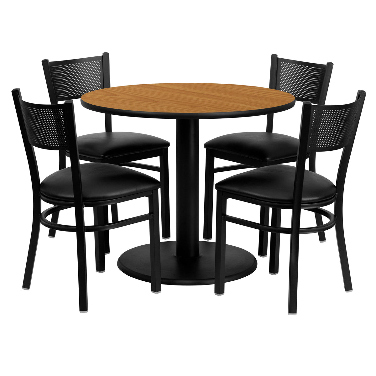 Flash Furniture MD-0006-GG 36" Round Natural Laminate Table Set with 4 Metal Chairs - Black Vinyl Seat - Main view