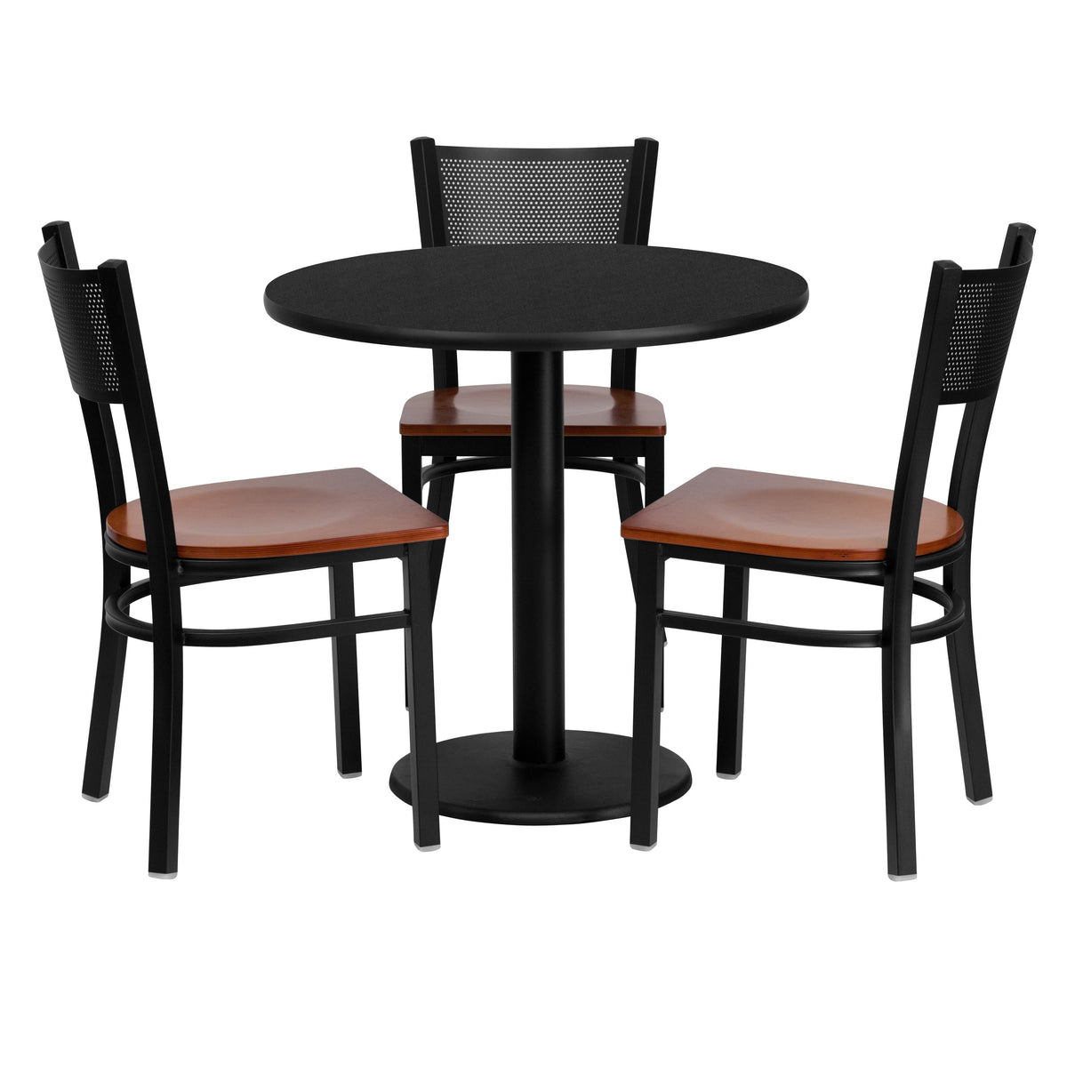 Flash Furniture MD-0007-GG 30" Round Black Laminate Table Set with 3 Metal Chairs - Cherry Wood Seat - Main view