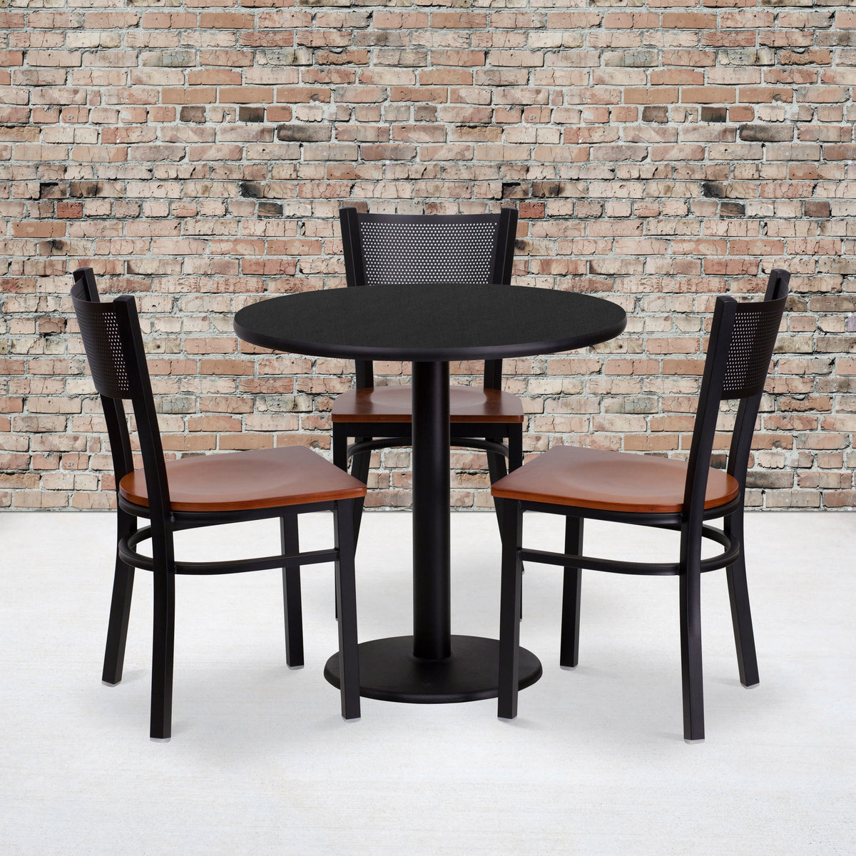 Flash Furniture MD-0007-GG 30" Round Black Laminate Table Set with 3 Metal Chairs - Cherry Wood Seat - View 2