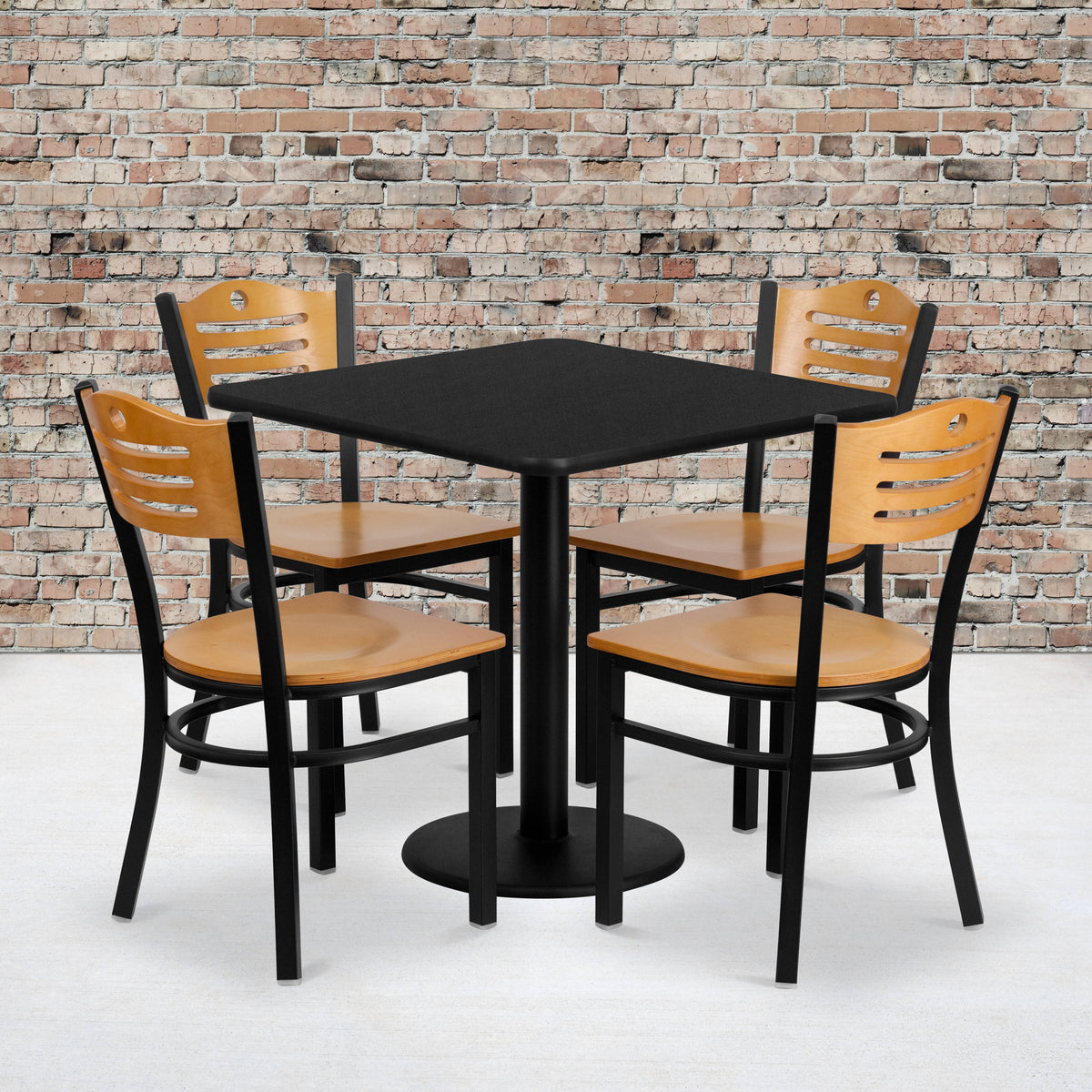 Flash Furniture MD-0010-GG 30" Square Black Laminate Table Set with 4 Metal Chairs - Natural Wood Seat - View 2