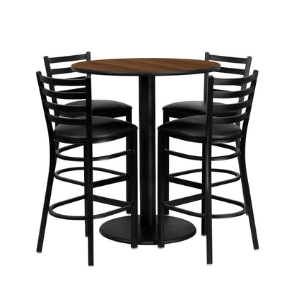 Flash Furniture MD-0011-GG 36" Round Walnut Laminate Table Set with 4 Metal Barstools - Black Vinyl Seat - Main view