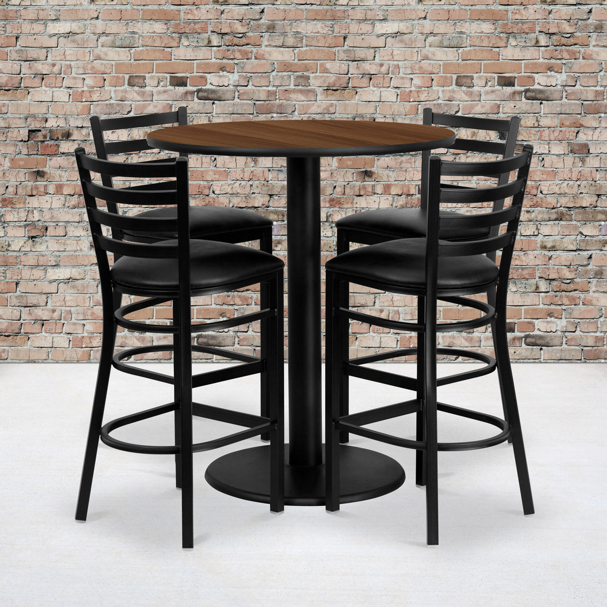 Flash Furniture MD-0011-GG 36" Round Walnut Laminate Table Set with 4 Metal Barstools - Black Vinyl Seat - View 2