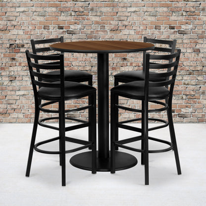 Flash Furniture MD-0011-GG 36" Round Walnut Laminate Table Set with 4 Metal Barstools - Black Vinyl Seat - View 2