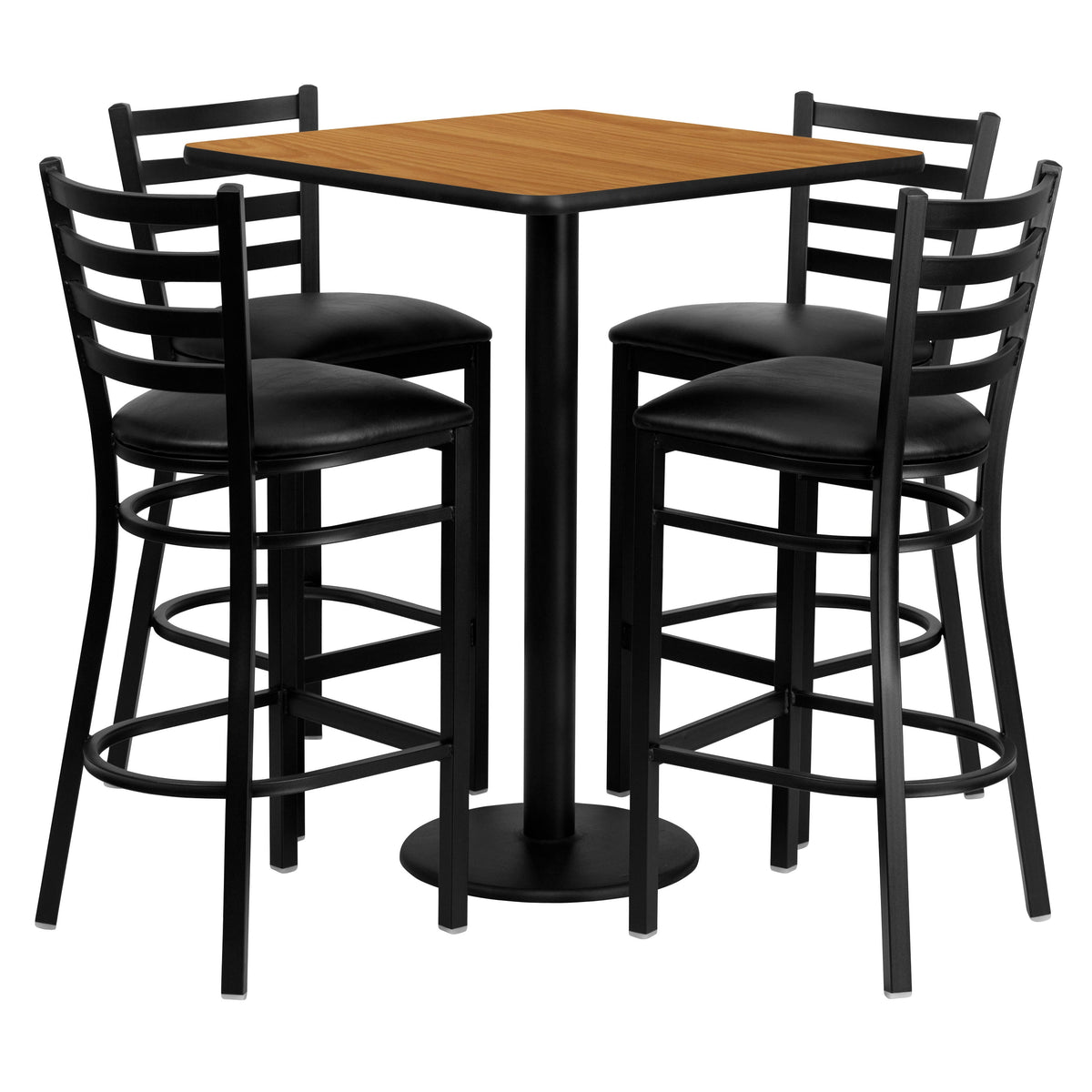 Flash Furniture MD-0012-GG 30" Square Natural Laminate Table Set with 4 Metal Barstools - Black Vinyl Seat (Natural Top/Black Vinyl Seat) - Main view