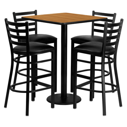 Flash Furniture MD-0012-GG 30" Square Natural Laminate Table Set with 4 Metal Barstools - Black Vinyl Seat (Natural Top/Black Vinyl Seat) - Main view