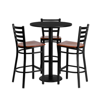 Flash Furniture MD-0013-GG 30" Round Black Laminate Table Set with 3 Metal Barstools - Cherry Wood Seat - Main view