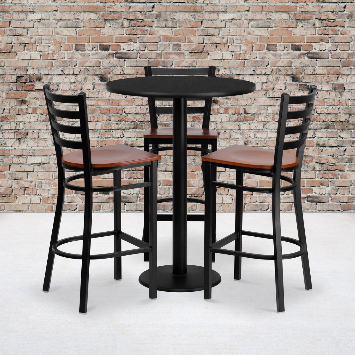 Flash Furniture MD-0013-GG 30" Round Black Laminate Table Set with 3 Metal Barstools - Cherry Wood Seat - View 2