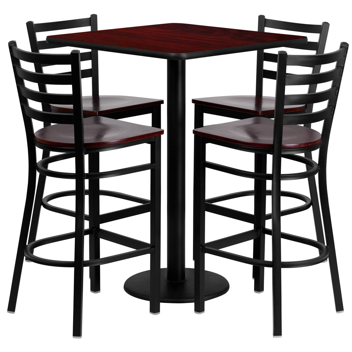 Flash Furniture MD-0014-GG 30" Square Mahogany Laminate Table Set w/4 Metal Barstools - Mahogany Wood Seat (Mahogany Top/Mahogany Wood Seat) - Main view